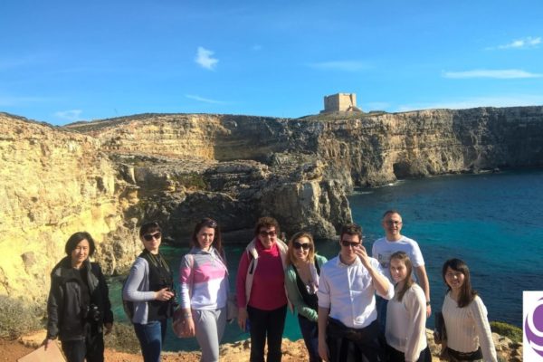Familiensprachreisen Malta Ausflug an Steilküte mit Sandstein und blauem Meer