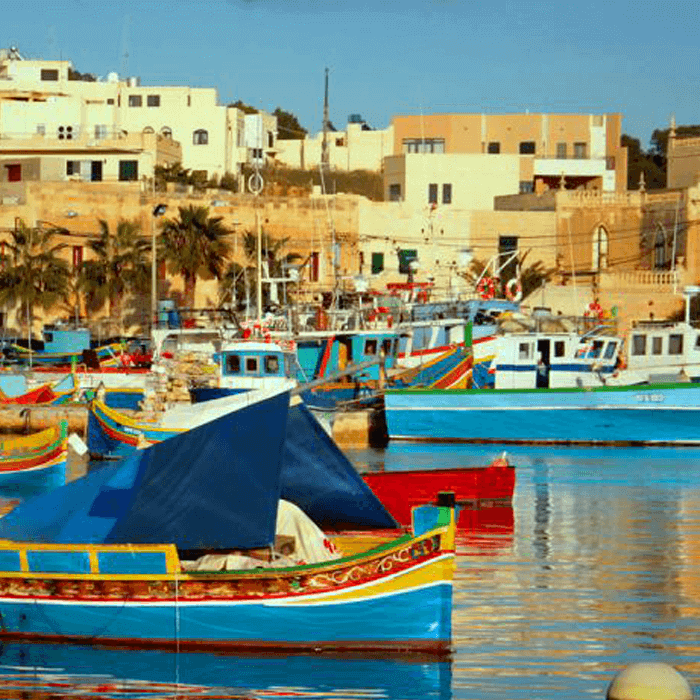 Colorful traditional fishing boats moored in a Mediterranean harbor with limestone buildings and palm trees in the background
